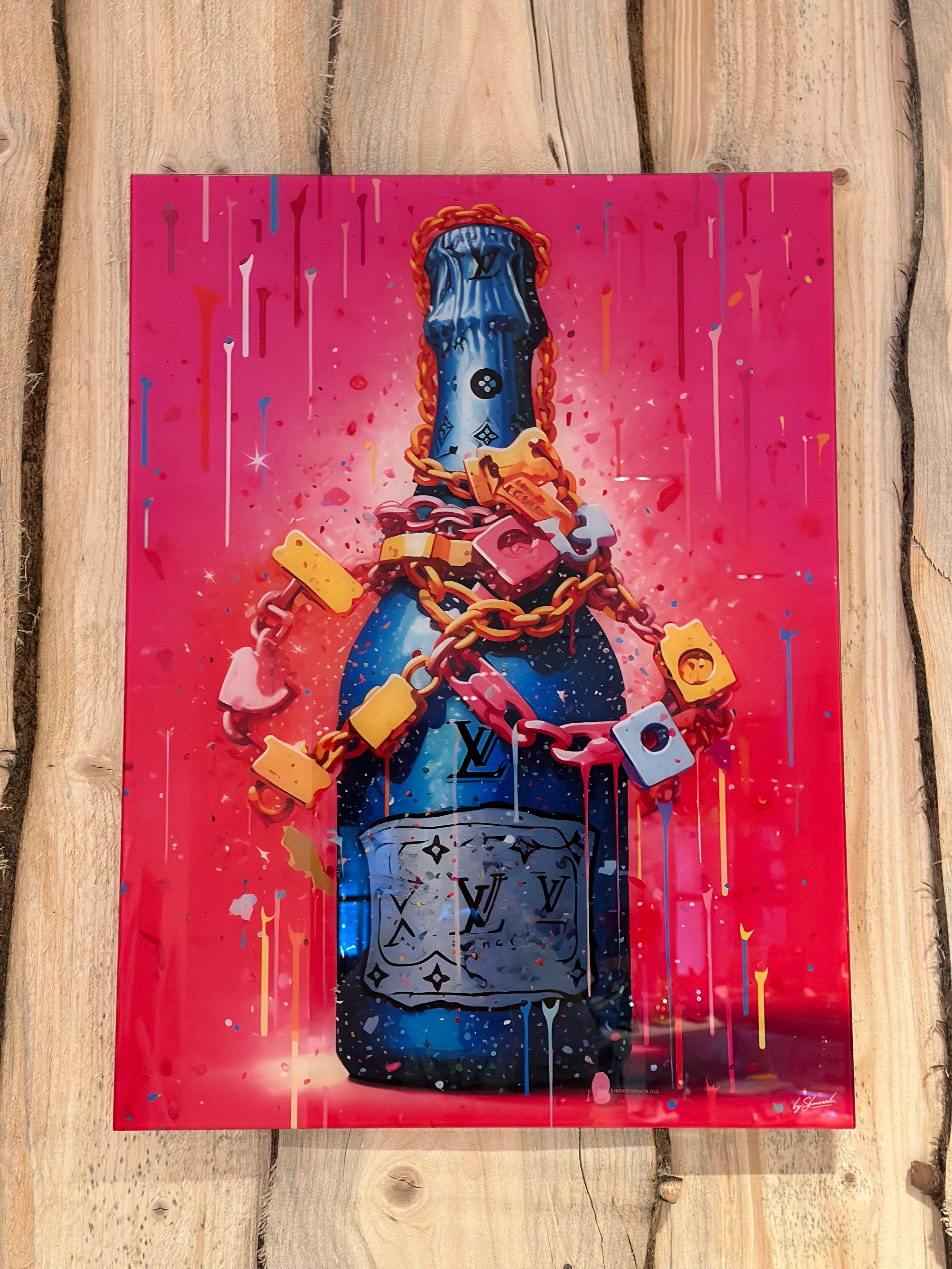 Glasbild Champagner Flasche Louis Vuitton